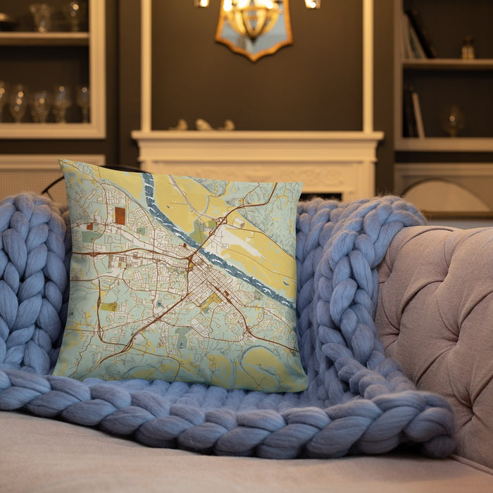 Custom Jefferson City Missouri Map Throw Pillow in Woodblock on Cream Colored Couch