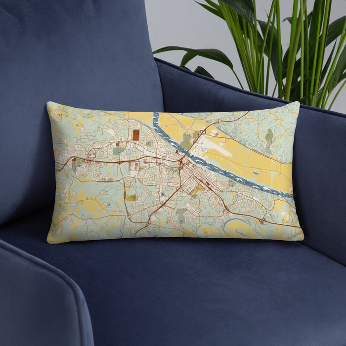 Custom Jefferson City Missouri Map Throw Pillow in Woodblock on Blue Colored Chair