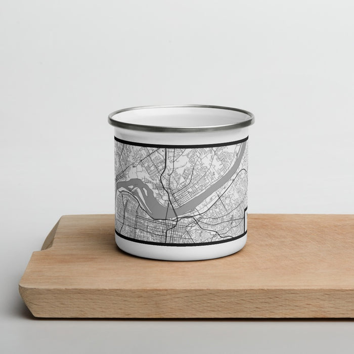 Front View Custom Jeffersonville Indiana Map Enamel Mug in Classic on Cutting Board