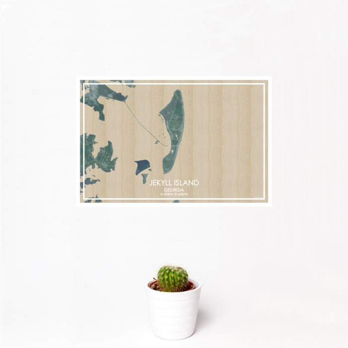 12x18 Jekyll Island Georgia Map Print Landscape Orientation in Afternoon Style With Small Cactus Plant in White Planter