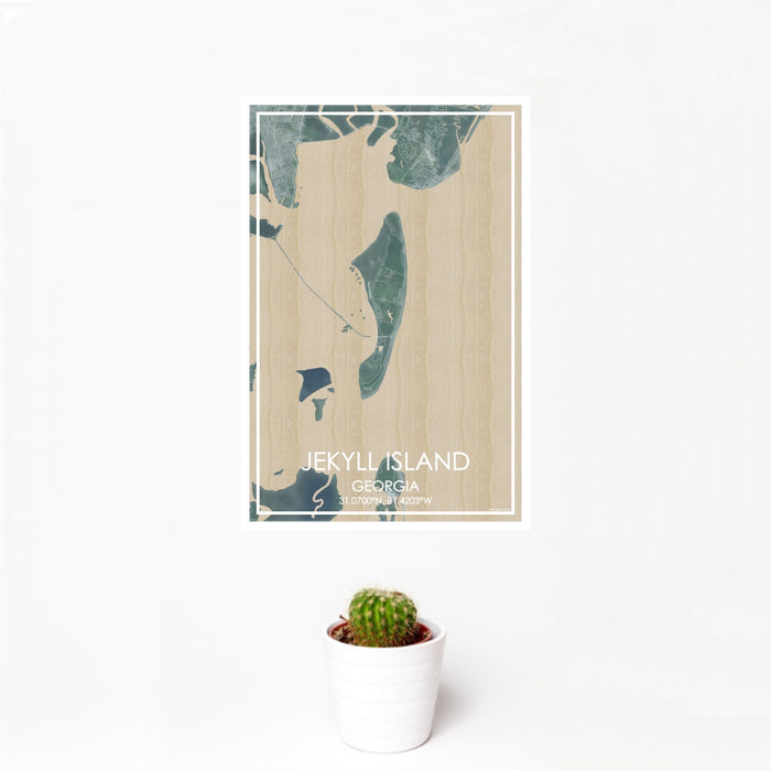 12x18 Jekyll Island Georgia Map Print Portrait Orientation in Afternoon Style With Small Cactus Plant in White Planter