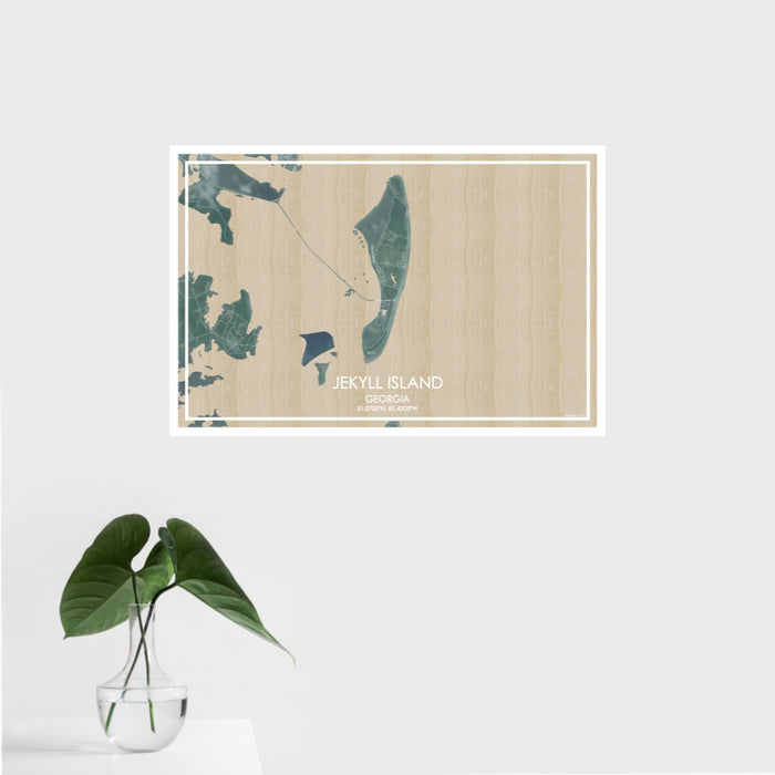16x24 Jekyll Island Georgia Map Print Landscape Orientation in Afternoon Style With Tropical Plant Leaves in Water