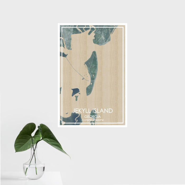 16x24 Jekyll Island Georgia Map Print Portrait Orientation in Afternoon Style With Tropical Plant Leaves in Water