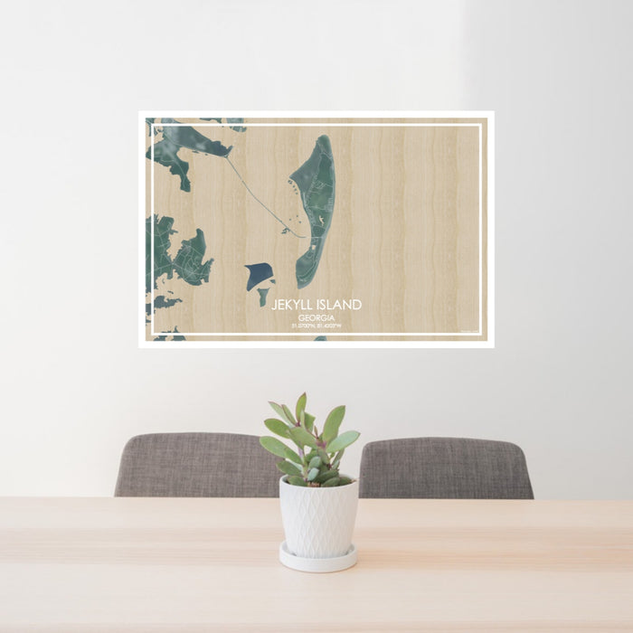 24x36 Jekyll Island Georgia Map Print Lanscape Orientation in Afternoon Style Behind 2 Chairs Table and Potted Plant