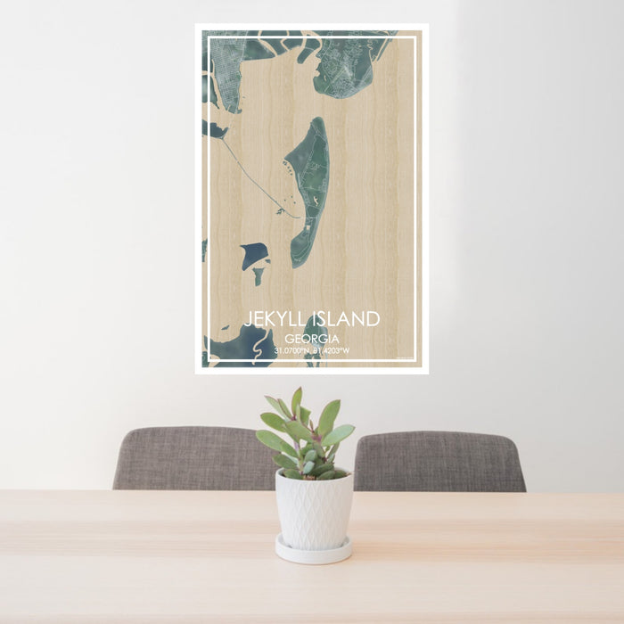24x36 Jekyll Island Georgia Map Print Portrait Orientation in Afternoon Style Behind 2 Chairs Table and Potted Plant