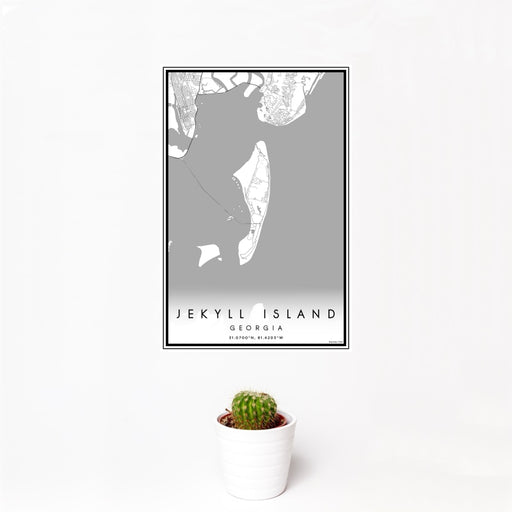 12x18 Jekyll Island Georgia Map Print Portrait Orientation in Classic Style With Small Cactus Plant in White Planter