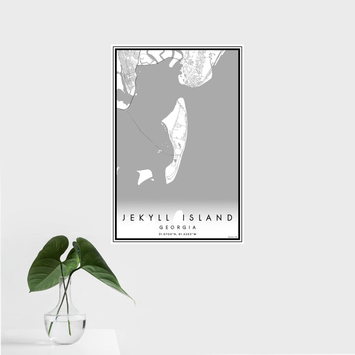 16x24 Jekyll Island Georgia Map Print Portrait Orientation in Classic Style With Tropical Plant Leaves in Water