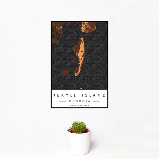12x18 Jekyll Island Georgia Map Print Portrait Orientation in Ember Style With Small Cactus Plant in White Planter