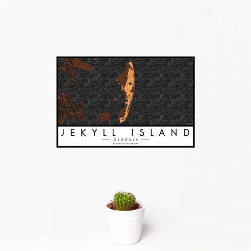 12x18 Jekyll Island Georgia Map Print Landscape Orientation in Ember Style With Small Cactus Plant in White Planter