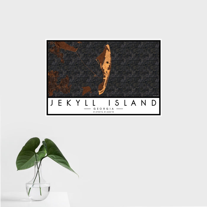 16x24 Jekyll Island Georgia Map Print Landscape Orientation in Ember Style With Tropical Plant Leaves in Water
