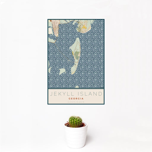 12x18 Jekyll Island Georgia Map Print Portrait Orientation in Woodblock Style With Small Cactus Plant in White Planter