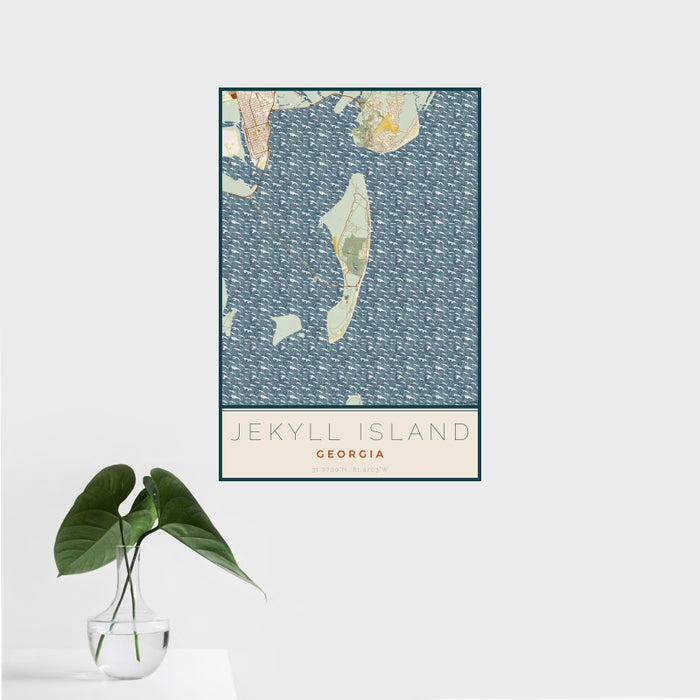 16x24 Jekyll Island Georgia Map Print Portrait Orientation in Woodblock Style With Tropical Plant Leaves in Water