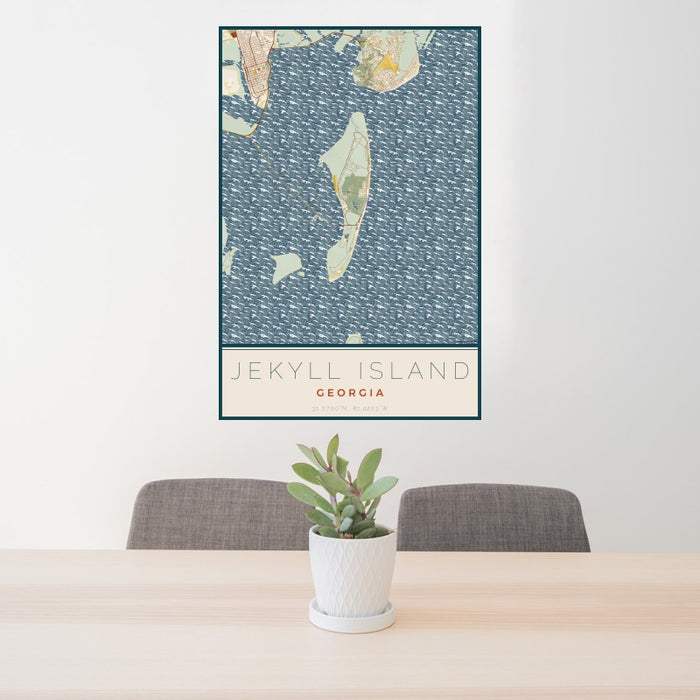 24x36 Jekyll Island Georgia Map Print Portrait Orientation in Woodblock Style Behind 2 Chairs Table and Potted Plant