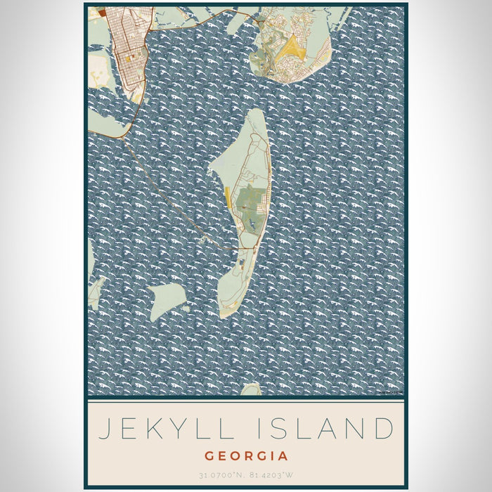 Jekyll Island Georgia Map Print Portrait Orientation in Woodblock Style With Shaded Background