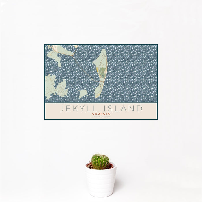 12x18 Jekyll Island Georgia Map Print Landscape Orientation in Woodblock Style With Small Cactus Plant in White Planter