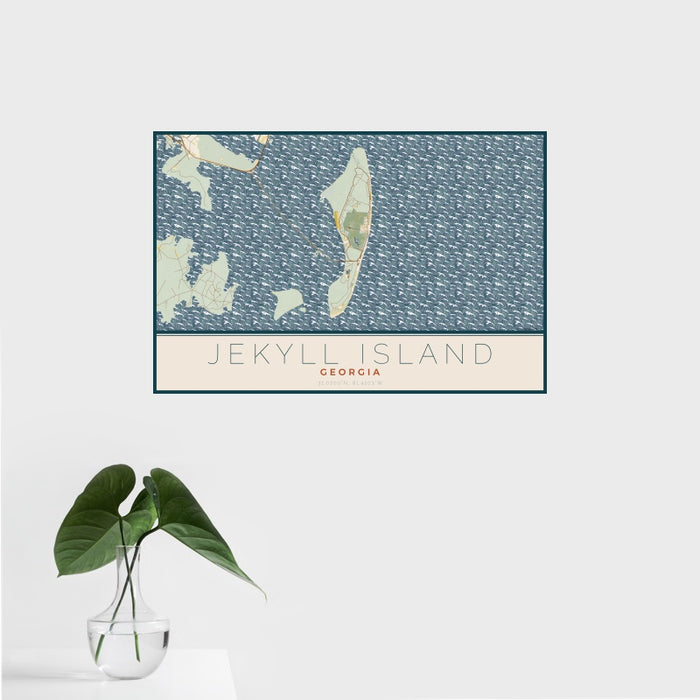 16x24 Jekyll Island Georgia Map Print Landscape Orientation in Woodblock Style With Tropical Plant Leaves in Water