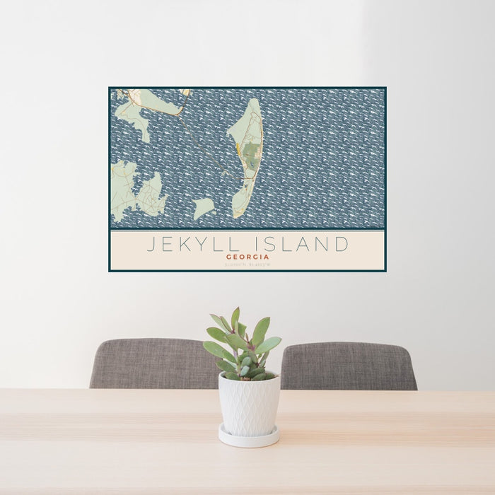 24x36 Jekyll Island Georgia Map Print Landscape Orientation in Woodblock Style Behind 2 Chairs Table and Potted Plant