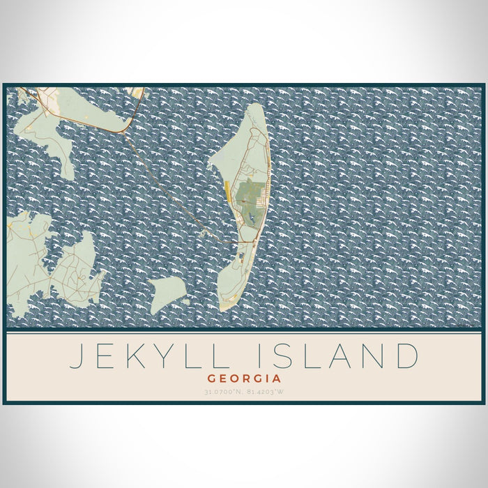 Jekyll Island Georgia Map Print Landscape Orientation in Woodblock Style With Shaded Background