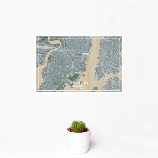 12x18 Jersey City New Jersey Map Print Landscape Orientation in Afternoon Style With Small Cactus Plant in White Planter