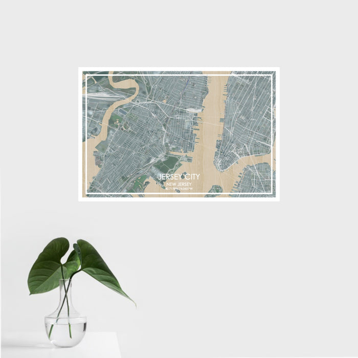 16x24 Jersey City New Jersey Map Print Landscape Orientation in Afternoon Style With Tropical Plant Leaves in Water