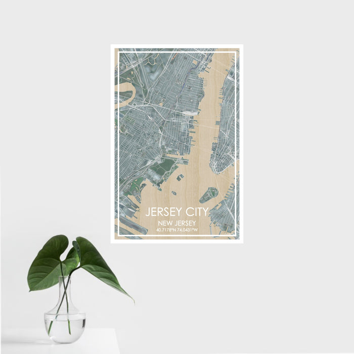 16x24 Jersey City New Jersey Map Print Portrait Orientation in Afternoon Style With Tropical Plant Leaves in Water