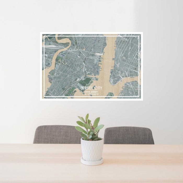 24x36 Jersey City New Jersey Map Print Lanscape Orientation in Afternoon Style Behind 2 Chairs Table and Potted Plant