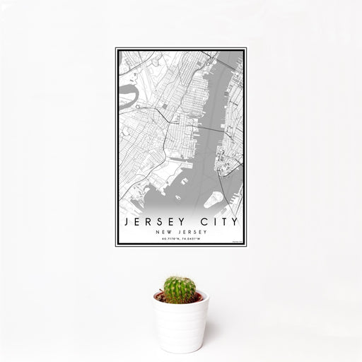12x18 Jersey City New Jersey Map Print Portrait Orientation in Classic Style With Small Cactus Plant in White Planter