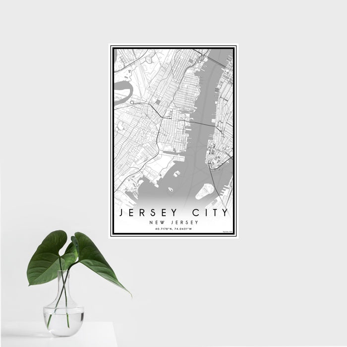 16x24 Jersey City New Jersey Map Print Portrait Orientation in Classic Style With Tropical Plant Leaves in Water