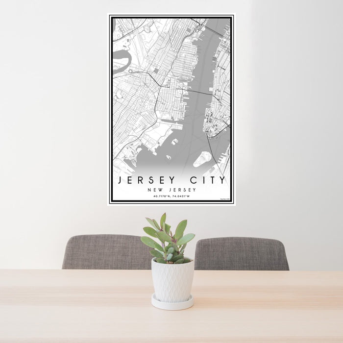 24x36 Jersey City New Jersey Map Print Portrait Orientation in Classic Style Behind 2 Chairs Table and Potted Plant