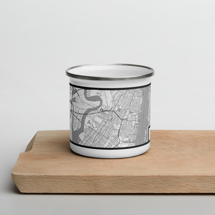 Front View Custom Jersey City New Jersey Map Enamel Mug in Classic on Cutting Board