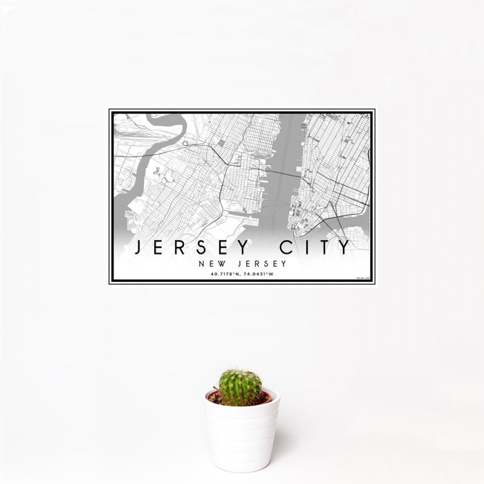 12x18 Jersey City New Jersey Map Print Landscape Orientation in Classic Style With Small Cactus Plant in White Planter