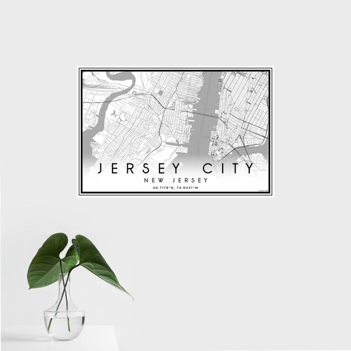 16x24 Jersey City New Jersey Map Print Landscape Orientation in Classic Style With Tropical Plant Leaves in Water