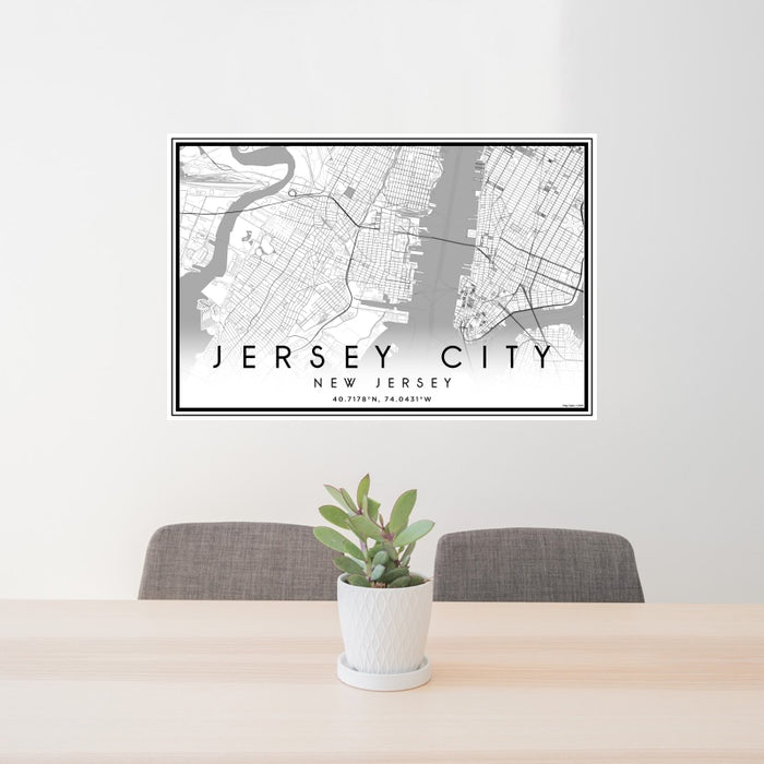 24x36 Jersey City New Jersey Map Print Landscape Orientation in Classic Style Behind 2 Chairs Table and Potted Plant