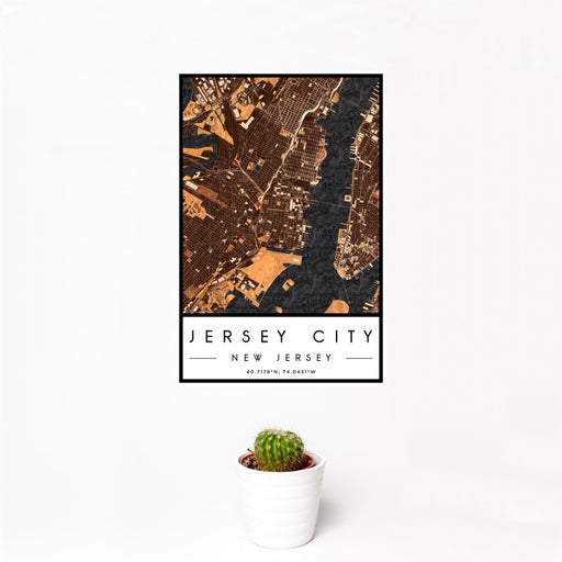 12x18 Jersey City New Jersey Map Print Portrait Orientation in Ember Style With Small Cactus Plant in White Planter
