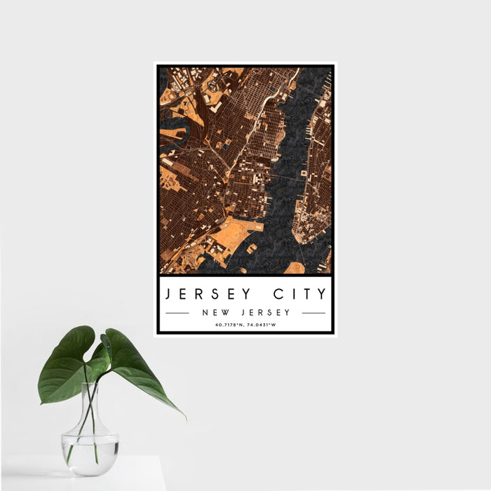 16x24 Jersey City New Jersey Map Print Portrait Orientation in Ember Style With Tropical Plant Leaves in Water