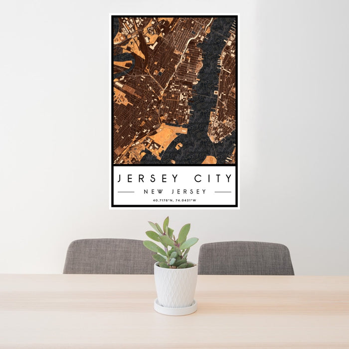 24x36 Jersey City New Jersey Map Print Portrait Orientation in Ember Style Behind 2 Chairs Table and Potted Plant