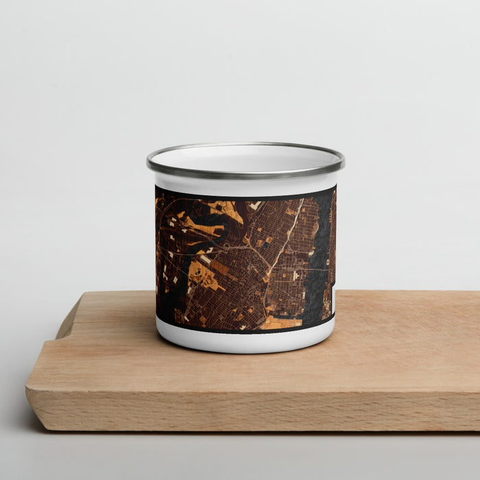 Front View Custom Jersey City New Jersey Map Enamel Mug in Ember on Cutting Board