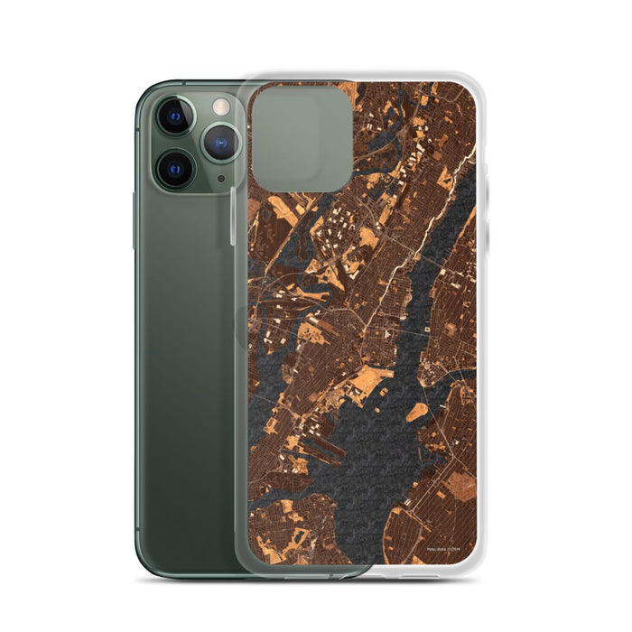 Custom Jersey City New Jersey Map Phone Case in Ember on Table with Laptop and Plant