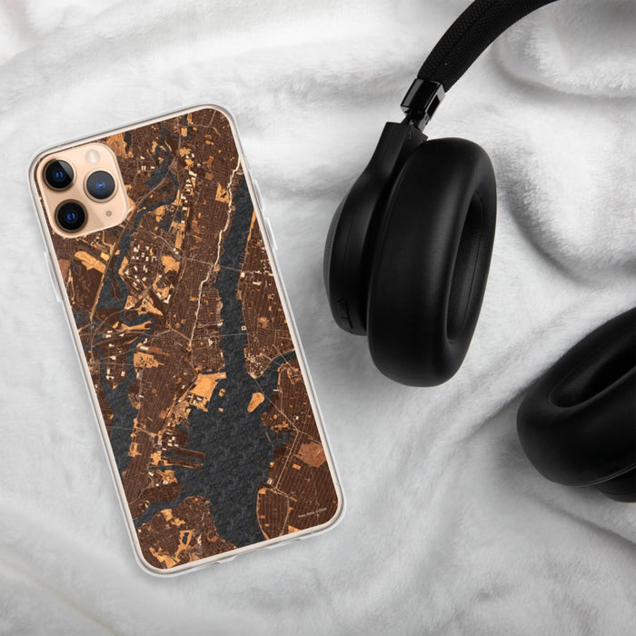 Custom Jersey City New Jersey Map Phone Case in Ember on Table with Black Headphones