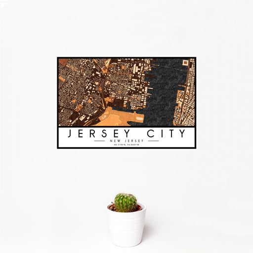 12x18 Jersey City New Jersey Map Print Landscape Orientation in Ember Style With Small Cactus Plant in White Planter