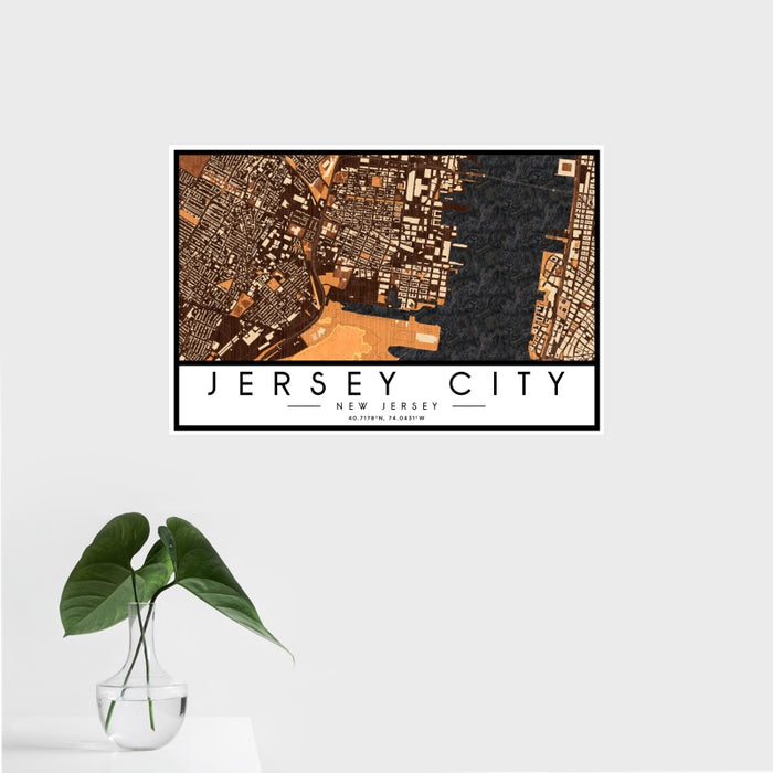 16x24 Jersey City New Jersey Map Print Landscape Orientation in Ember Style With Tropical Plant Leaves in Water