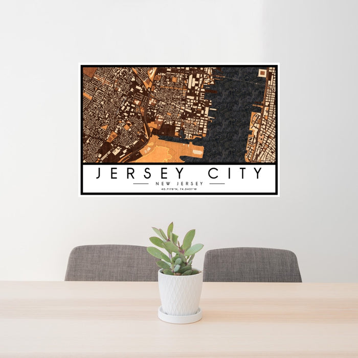 24x36 Jersey City New Jersey Map Print Landscape Orientation in Ember Style Behind 2 Chairs Table and Potted Plant