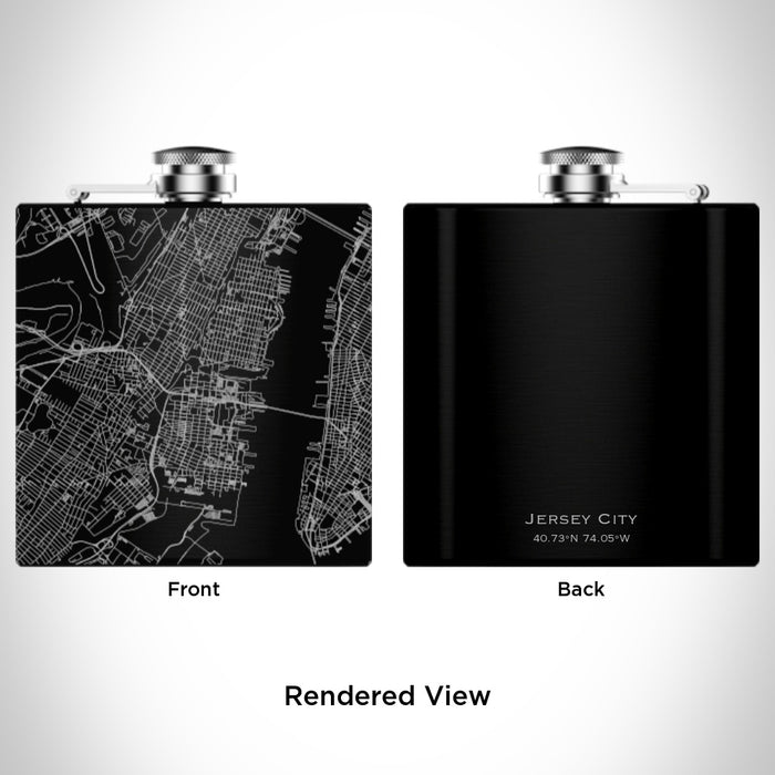 Rendered View of Jersey City New Jersey Map Engraving on 6oz Stainless Steel Flask in Black