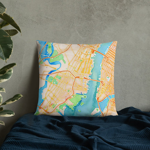 Custom Jersey City New Jersey Map Throw Pillow in Watercolor on Bedding Against Wall