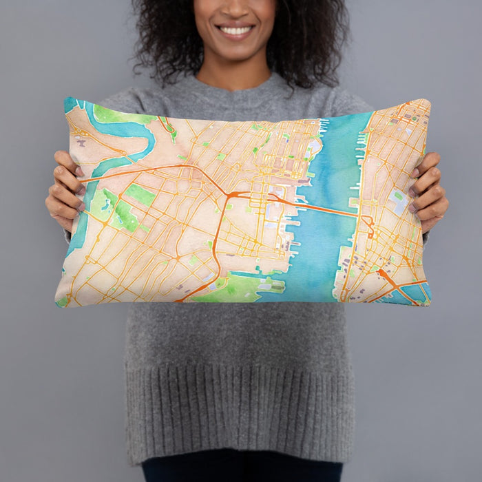 Person holding 20x12 Custom Jersey City New Jersey Map Throw Pillow in Watercolor