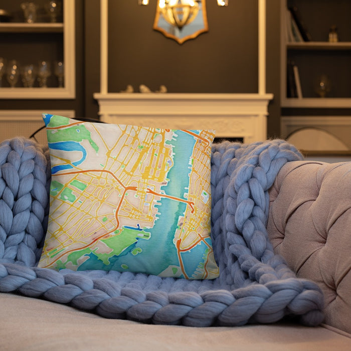 Custom Jersey City New Jersey Map Throw Pillow in Watercolor on Cream Colored Couch