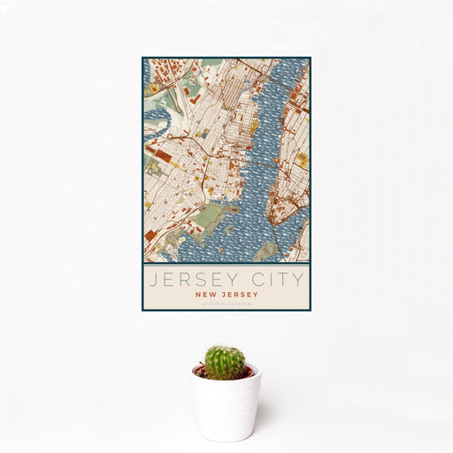 12x18 Jersey City New Jersey Map Print Portrait Orientation in Woodblock Style With Small Cactus Plant in White Planter