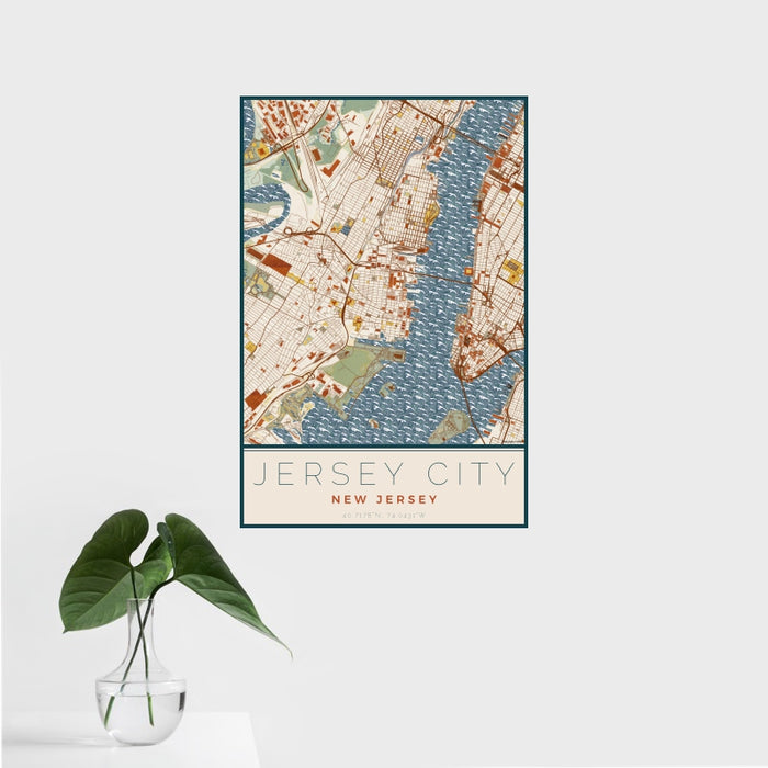 16x24 Jersey City New Jersey Map Print Portrait Orientation in Woodblock Style With Tropical Plant Leaves in Water