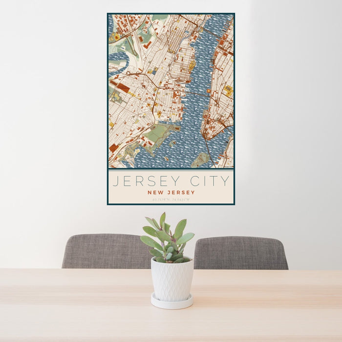24x36 Jersey City New Jersey Map Print Portrait Orientation in Woodblock Style Behind 2 Chairs Table and Potted Plant