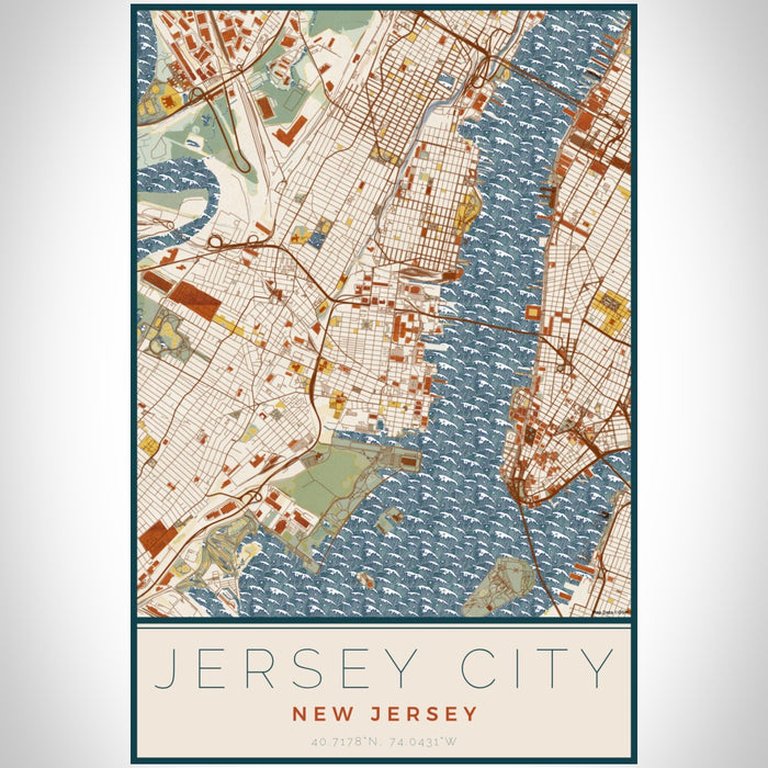 Jersey City New Jersey Map Print Portrait Orientation in Woodblock Style With Shaded Background